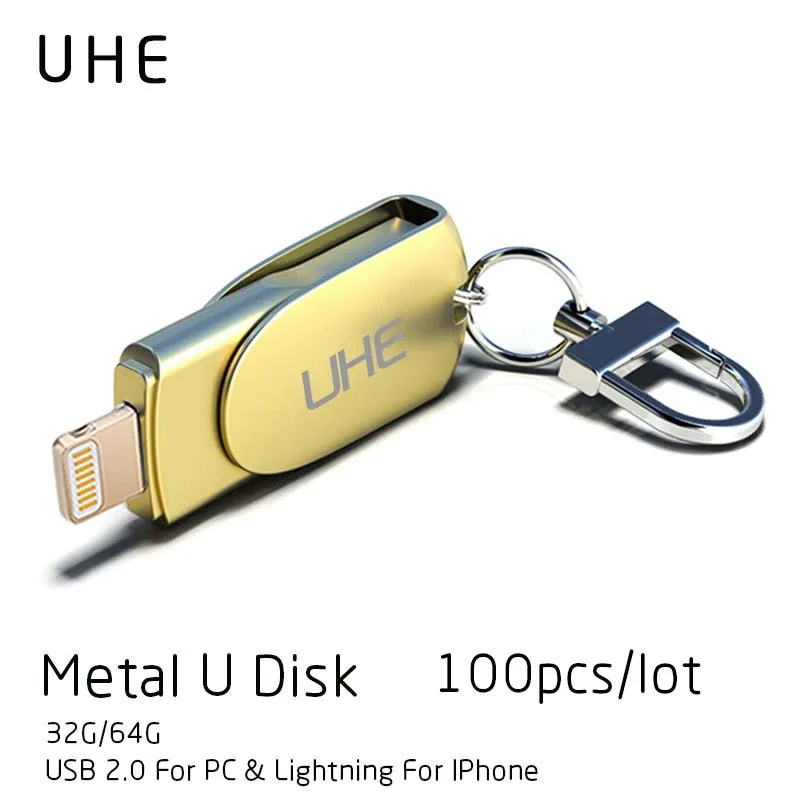 Uhe оптовая продажа 100 шт. USB Flash Drive для IPhone X/8/7/7/6/IPad металлические флешки HD карты