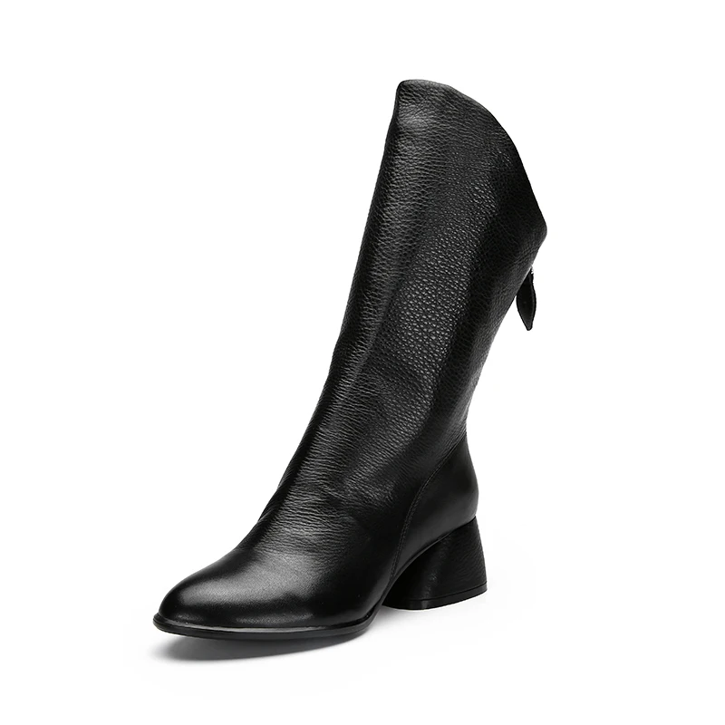 Модные черные ботинки до середины икры женская обувь женские мягкие ботинки из натуральной кожи на толстом каблуке Женская обувь ручной работы