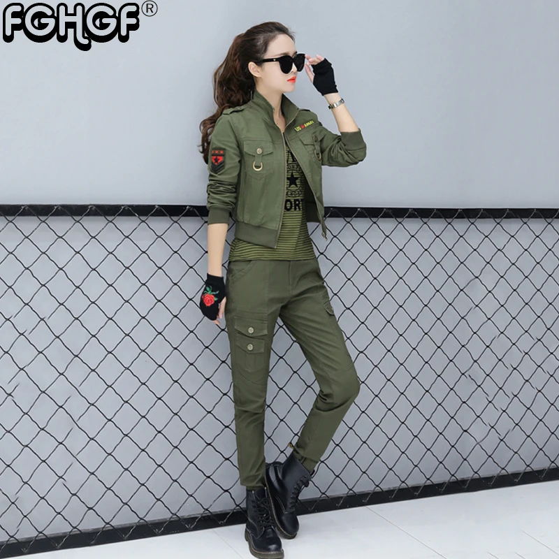 autumn 2 piece set women Casual fashion military style jacket zipper