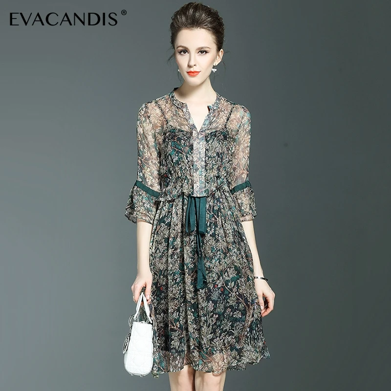 

Ruffle Green Floral Dress Silk Mesh Tunic Sexy Bow Midi V Neck Elegant Chiffon Beach Summer Dress Women Plus Size Vestidos