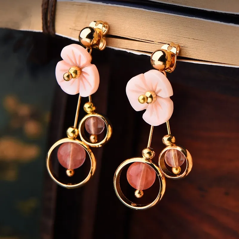 

Elegant Handmade Fashion Sweet Earrings Watermelon Crystal Beads Pink Shell Flower 14 K Exquisite Earrings Ethnic Jewelry