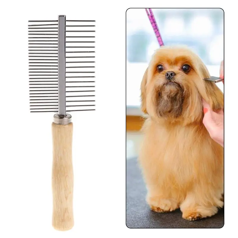 Pet Comb Grooming Double Combs Stainless Steel Wooden Handle Cat Kitten