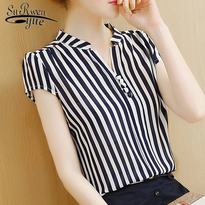 

blusas mujer de moda 2019 short sleeve chiffon blouse women shirts V-neck striped office blouse womens tops and blouses 3419 50