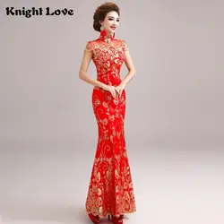 Красное Кружевное китайское свадебное платье женское с коротким рукавом Cheongsam длинное Золотое тонкое китайское традиционное платье