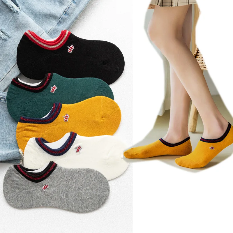 Модные хлопковые невидимые женские носки с вышивкой короны; сезон весна-лето-осень; носки-башмачки; высококачественные силиконовые Нескользящие носки