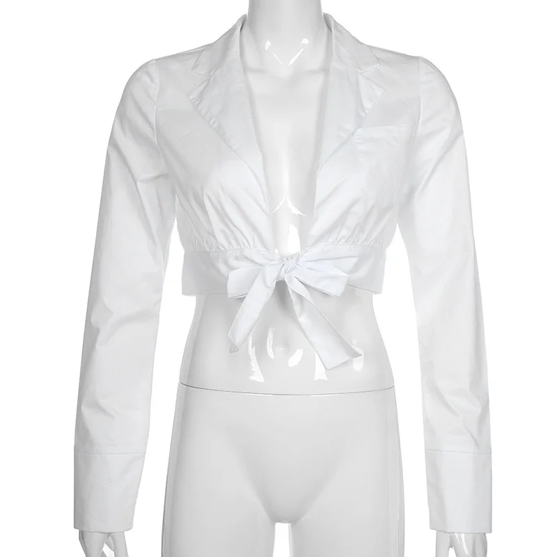 Fitshinling 2019 Autumn Fashion Woman Blouses Shirts Bow Tie Sexy White Blouse Long Sleeve Slim Blusas Shirt Female Crop Top New