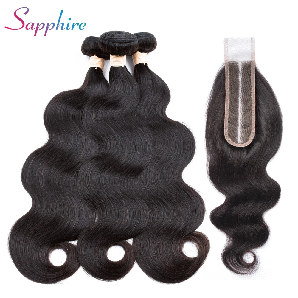 Sapphire hair Brazilian Human Hair Bundles With Lace Closure 2*6Lace Closure Body Wave Hair Extensions For Black Women Non Remy