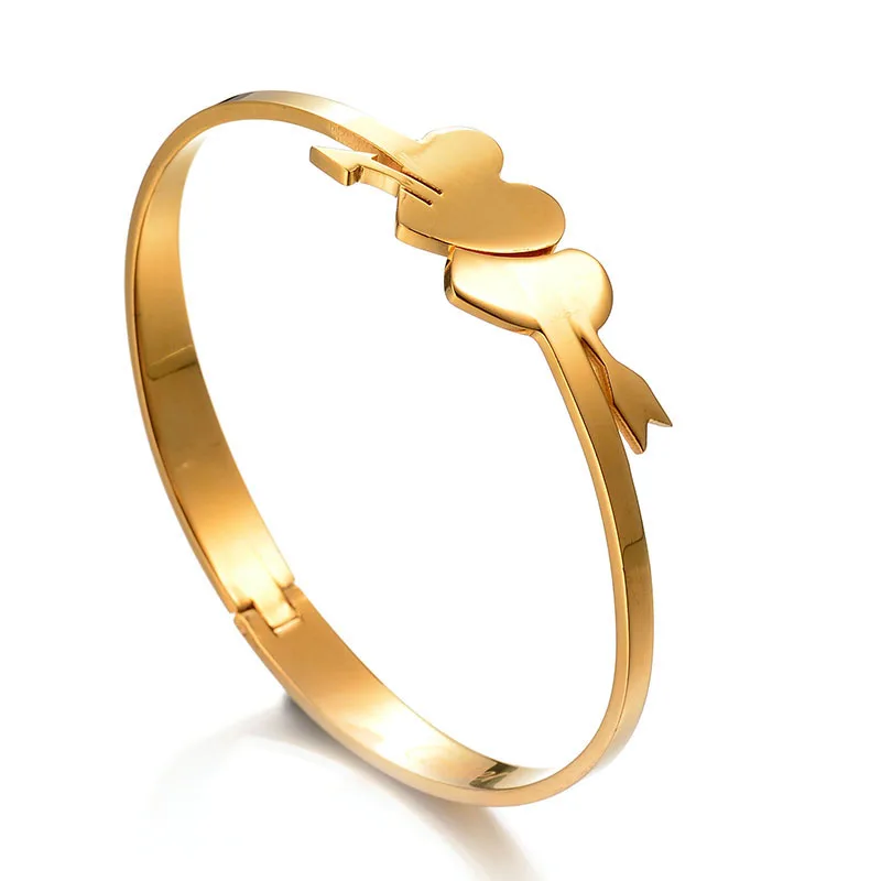 

High Quality Romantic 316L Stainless Steel Love Bangle Cupid Arrow Through Double Heart Bracelets Pulseras For Gift