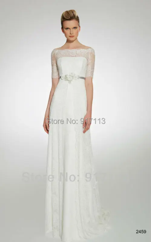 Charming Floor Length White/Ivory Empire Lace Half Sleeves Wedding Dresses Off The Shoulder Custom All Size/Color | Свадьбы и