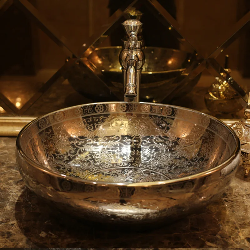 Европейский Винтажный стиль ручная роспись умывальник Настольный раковины для ванной Серебряное Тиснение керамический умывальник раковина для ванной комнаты
