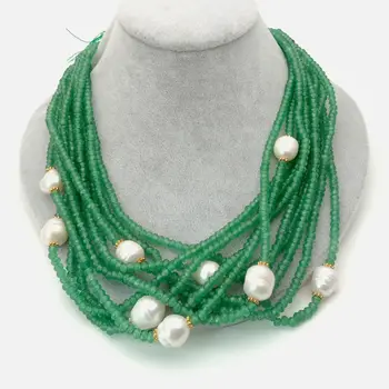 

20" 10 Strands Faceted Green Jade White Pearl Necklace