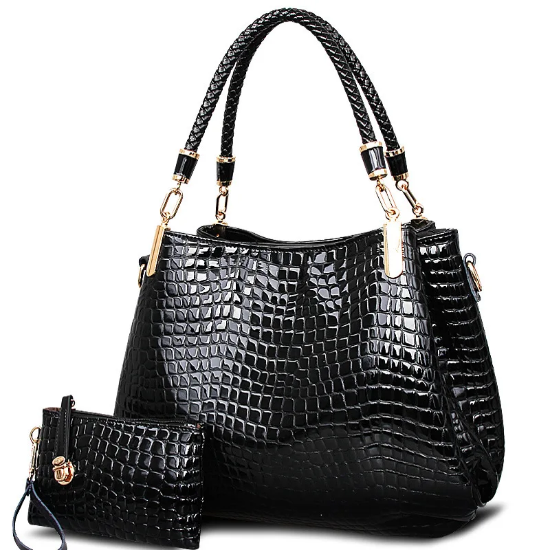Beste 2017 grote capaciteit zwart wit schoudertassen krokodil borse vrouwen bakken dame handtas + portemonnee portemonnee carteras mujer kit 2 bags set