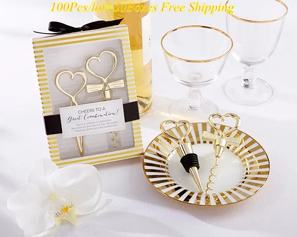 

120pcs=60boxes Cheers to a Great Combination Gold Heart Bottle Stopper and Corkscrew Wine Wedding gift for Guests Bridal favors