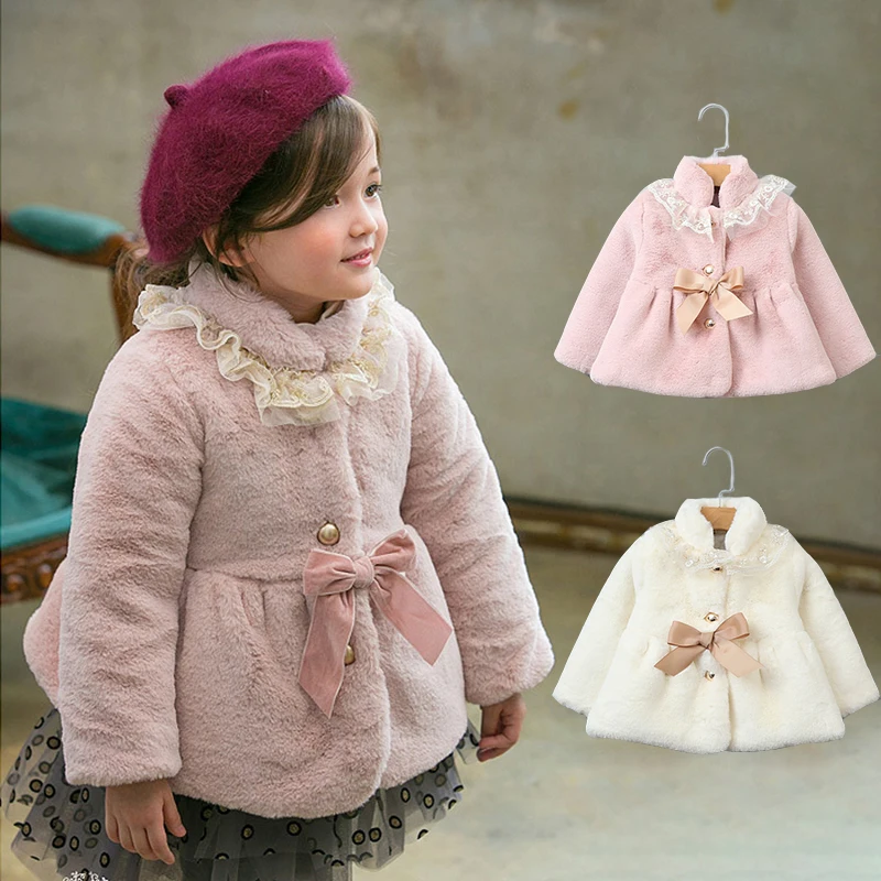 

2018 Winter Baby Girls Faux Fur Coat With Lace Bows Warm Princess Parkas Kids Jacket Girl Fur Coat Snowsuit Children Outerwear