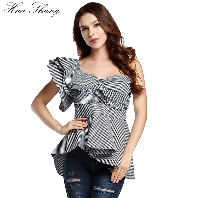 Women Blouse 2018 Ruffle One Shoulder Plaid Sexy Summer Top Irregular Women Blouse Shirt Slash Neck Backless Black Women Blouses