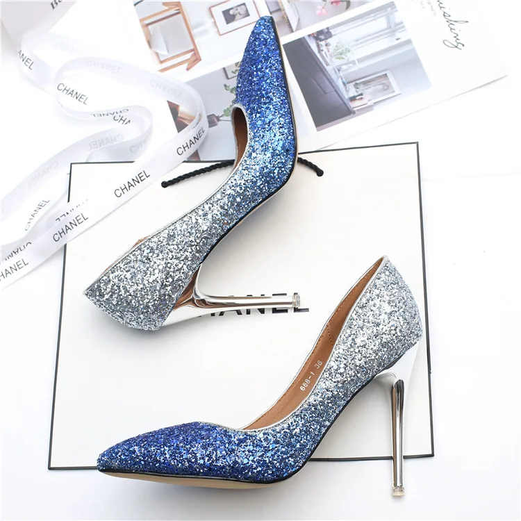 

Star with the same gradient sequins high heel stiletto with silver single shoes crystal bridesmaid bridal wedding shoes.