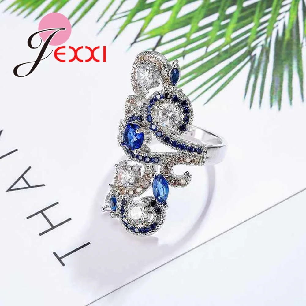 JEXXI Punk Style Blue & White CZ Crystal Hollow Flower Finger RIngs 925 Sterling Silver for Women Girls Wedding Party Jewelry