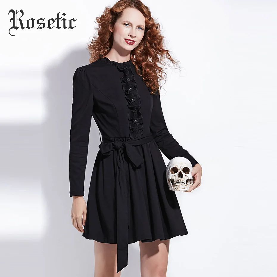 

Rosetic Women Gothic Style New Lace-Up Bow Bandage Belt Long Sleeve Dresses with Button Ruffles Collar Autumn/Spring Dress