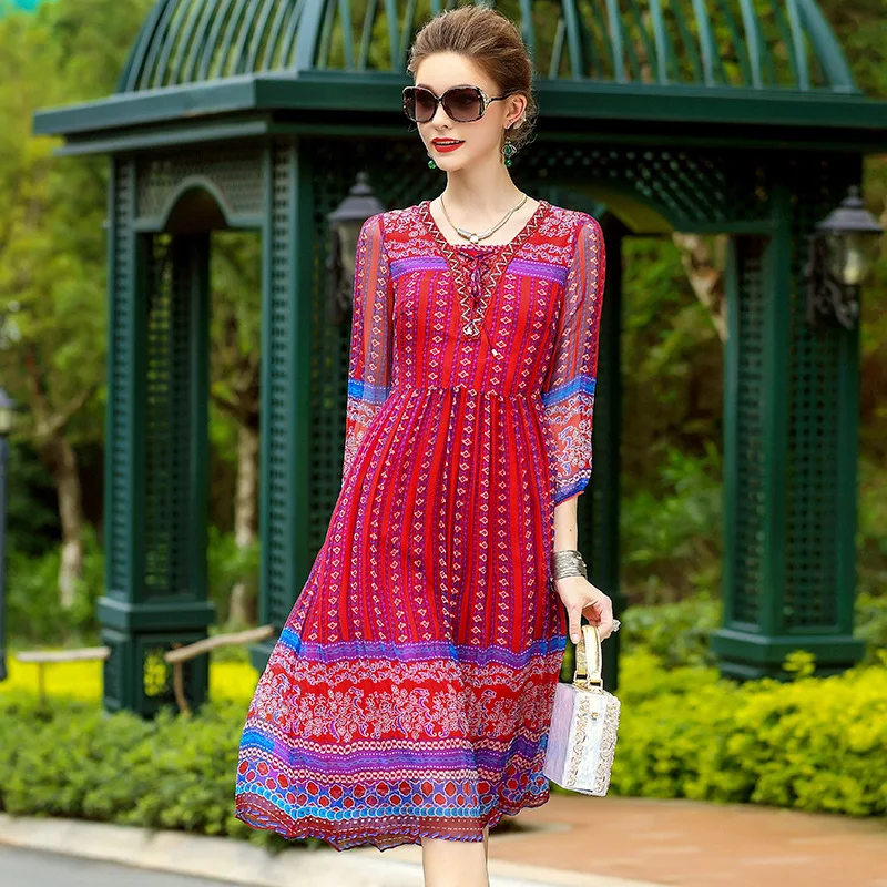 

A4ZT950 New Fashion Women Summer Dresses Exquisite High-end Nail Bead Embroidery100% Silk Dress
