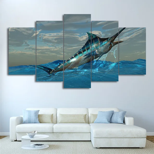 

Canvas Frame Modular Print Living Room Decor Pictures 5 Pieces Jumping Marlin Tuna Fish Painting Wall Art Sailfish Poster PENGDA