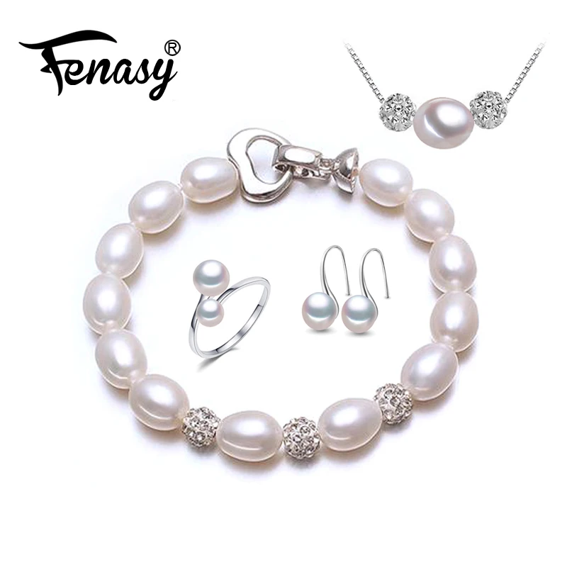 

FENASY Pearl Jewelry sets romantic bracelet Natural Pearl pendant Necklace for women/stud earrings female ring set