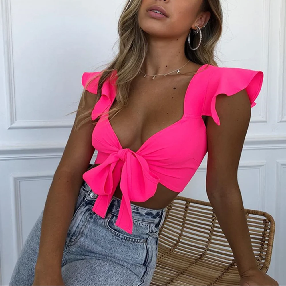 Women Summer Crop Top Tee Short Robe Femme V-neck Solid Female Sleeveless Top Ruffle Casual Beach Party Club High Street Tees