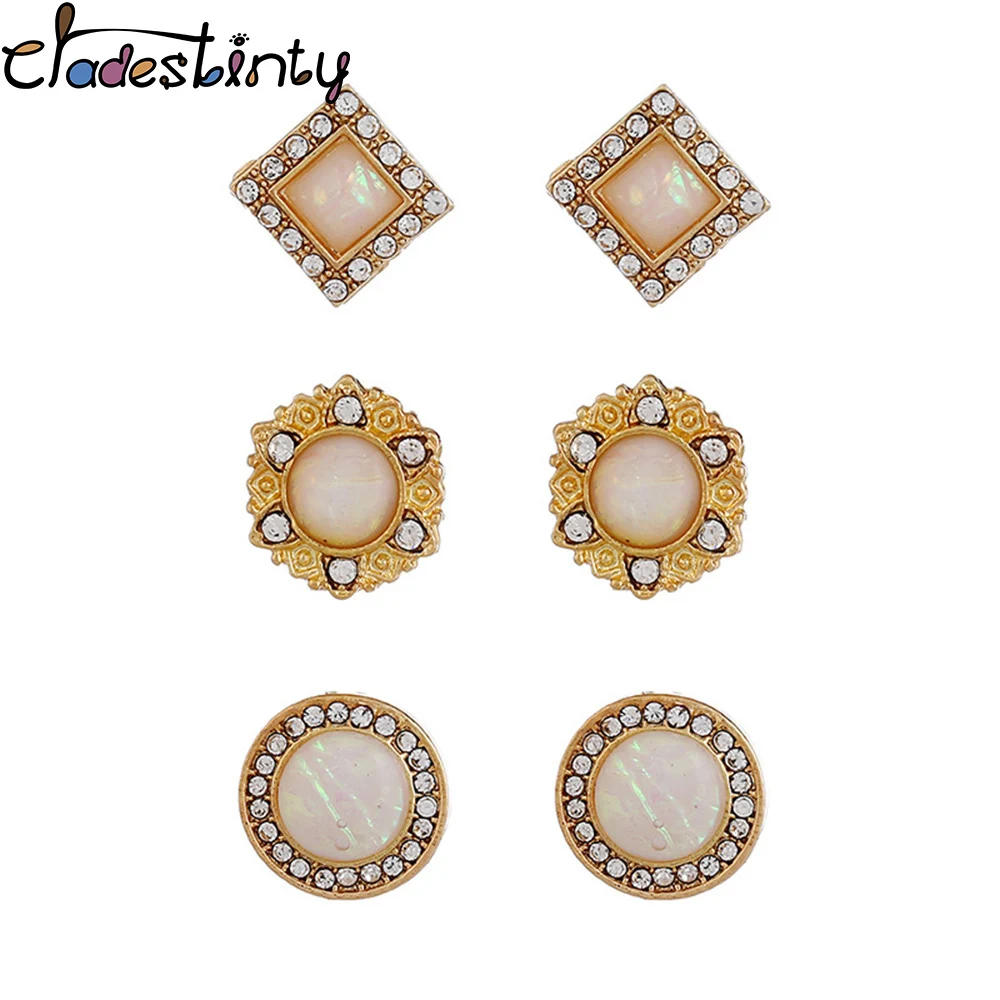 

Chadestinty 3 Pairs Resin Flower Earrings Set Geometric Round Triangle Square Stud Earing For Women Wedding Crystal Jewelry