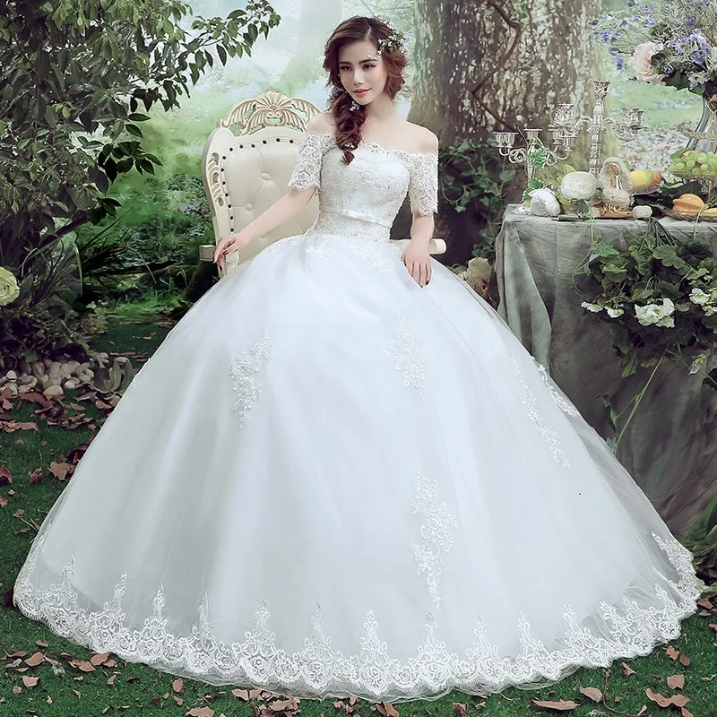 2016 Luxury Ball Gown Lace Wedding Dress Boat Neck Half Sleeve