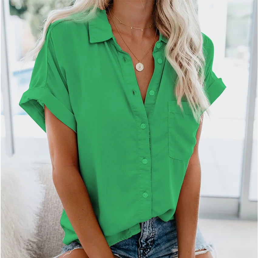 

Solid Simple Loose Shirts Women Casual Turndown Collar Summer Tops Female Fashion Button Plus Size Blouse For Business Ladies