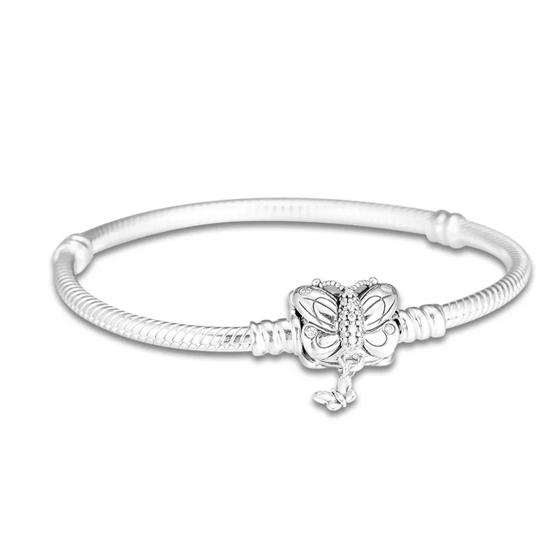 

Charms Bracelets for Women Clear CZ Crystal Butterfly Clasp Snake Chain Silver Bracelets Fine Spring Silver 925 Jewelry DIY Gift