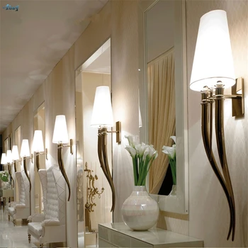 

Nordic Horn Wall Sconces Lamps European Bedroom Living Room Corridor Post Modern Wall Bedside Hotel Fabric Shade Lights Fixtures