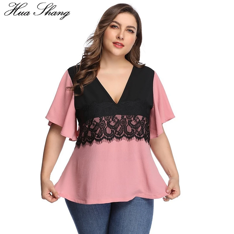 

Womens Tops And Blouses 5xl Plus Size 2019 Fashion V Neck Flare Short Sleeve Lace Patchwork Pink Elegant Ladies Tunic Tops