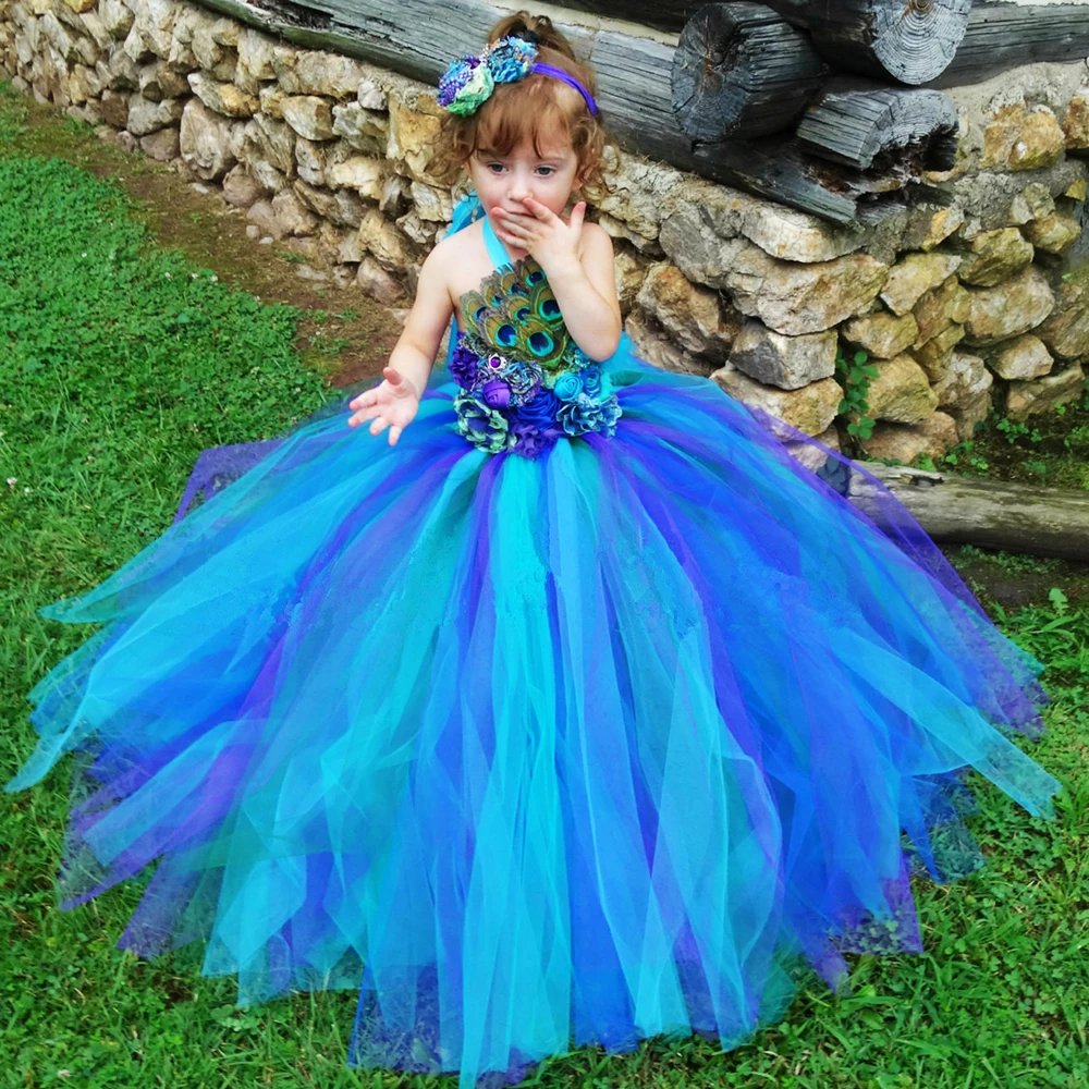 Элегантный костюм павлина для детей платье принцессы для девочек; длина по щиколотку, без рукавов вечерние платье на Рождество и Хеллоуин; Косплэй платье-пачка для девочек