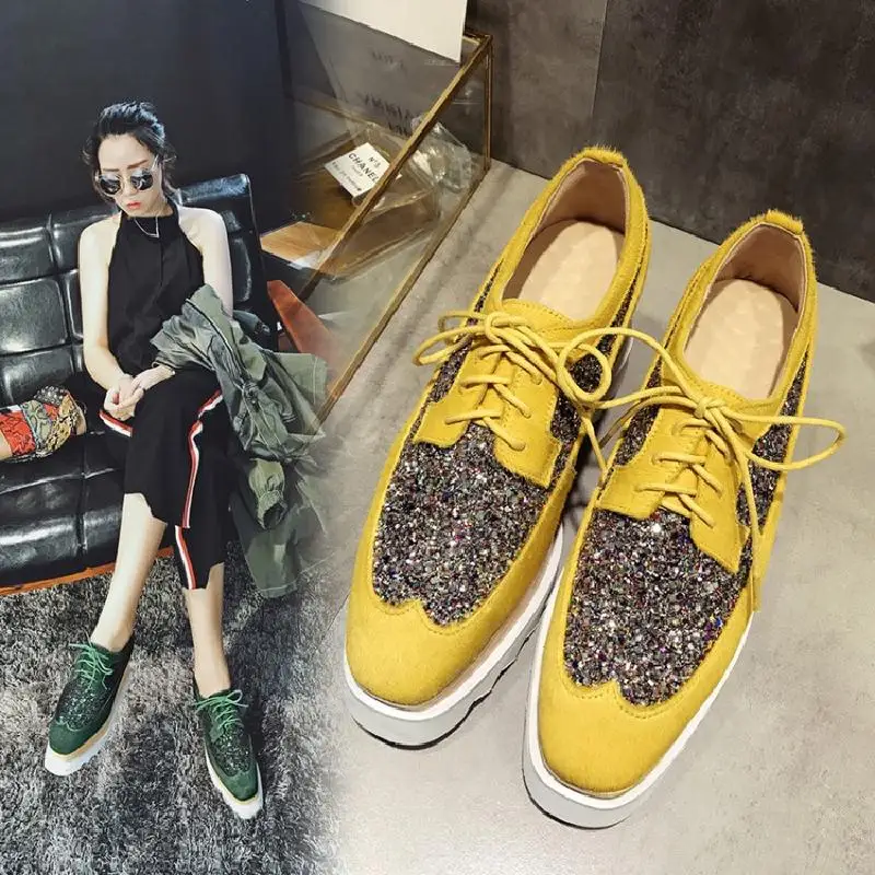 

US4-10 Women Chic Horse Fur Sequins Bling Platform Wedge Heel Lace up Sport Sneaker Shoes Square Toe Fashion Green Yellow Brogue
