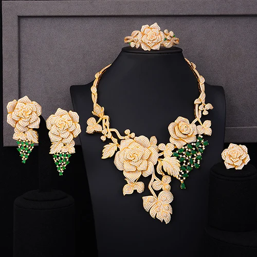 GODKI весна супер роскошный цветок розы большой ювелирный набор для женщин Свадебное платье индийский свадебный кубический циркон CZ ювелирное изделие - Окраска металла: Gold Green