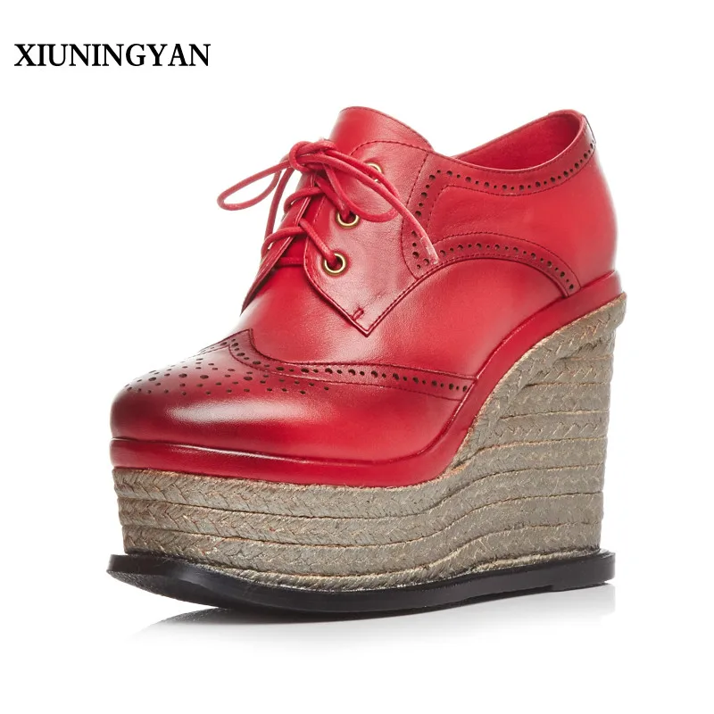 

XIUNINGYAN High Quality Genuine Leather Women Shoes Flat Platform Lace Up Fashion Straw Platform Flats Womens Creeper Shoes