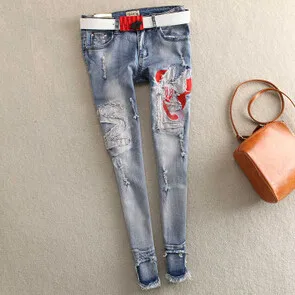 

Hot Sale Women Casual Pencil Pants Fashion Vintage Loose Hole Jeans Roll-Up All-Match Nine Pants