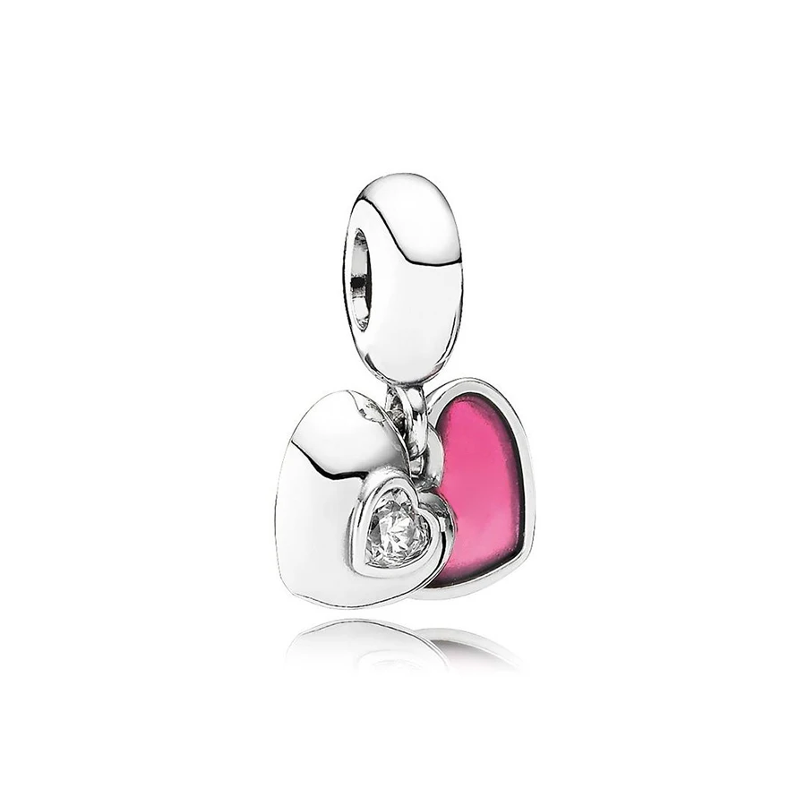 

NEW 100% 925 Sterling Silver You & Me Two-Part Dangle Charm Clear CZ & Fuchsia Enamel Pendant Bead Bracelet DIY Bangle