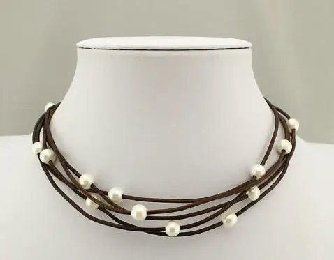 

Perfect Multi Strand Pearl Necklace Genuine Real Black Leather Freshwater Pearl Necklace Handmade Jewelry Hot Sale