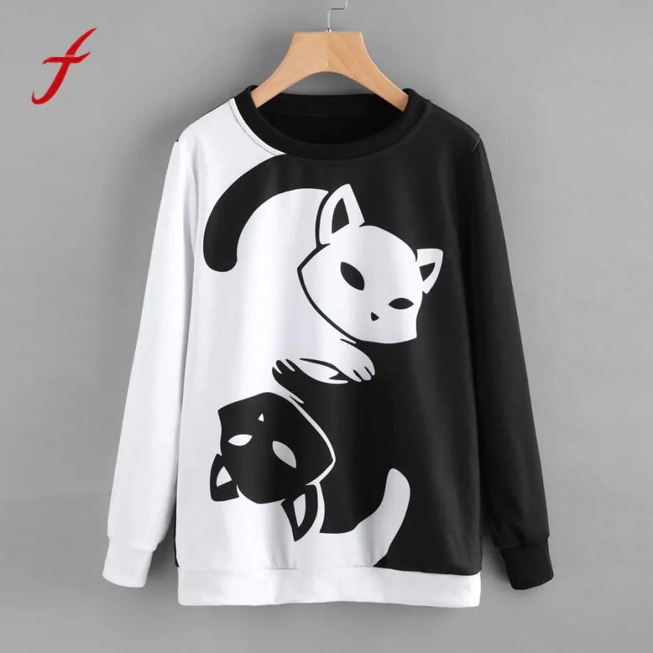 

feitong Womens White Black Cat Printing Hit Color kawaii Lovely Sweatshirt Pullover Tops Girls XXL Casual Autumn Spring Clothes