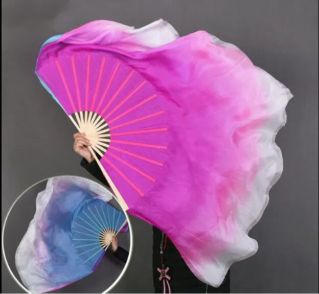 

Double Side Different Color Real Silk Fan Veils Pair Chiense Kite Fan Dancer Performance Show Props Big Size Wholesale