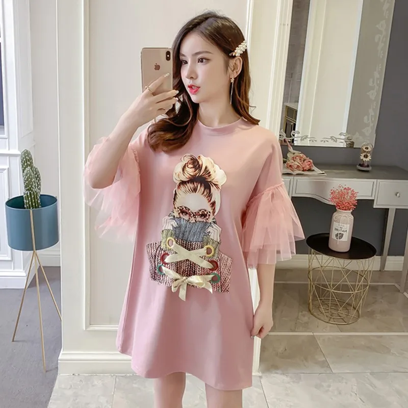 

2019 Runway Women's summer lace dress Fashion Streetwear Spectacles girl Print Mesh Patchwork Butterfly Sleeve Dresses Vestido