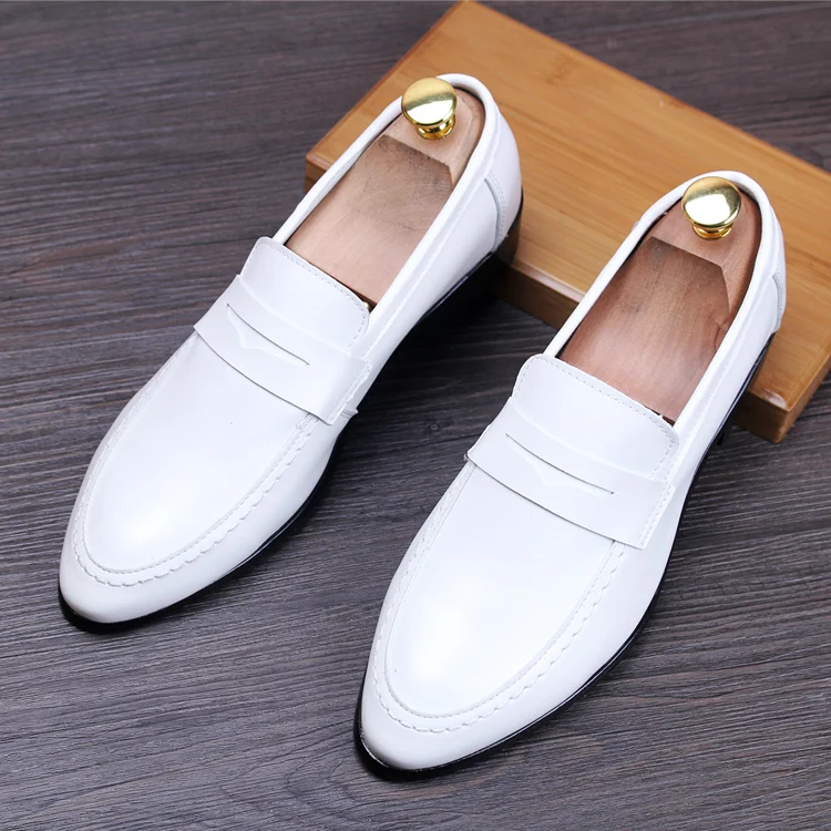 

2017 High quality made new Pig Leather Men Dress Shoes Evening Party Wedding Shoes white black color Fashion Flats man