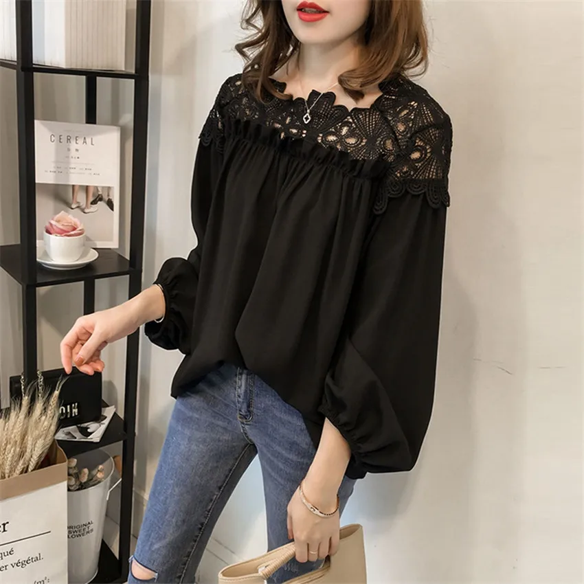 Women Chiffon Blouse Tops Spring Autumn Loose White Lace Blouses Female Long Sleeve Shirt Hollow Out OL Shirts Plus Size AB724 3