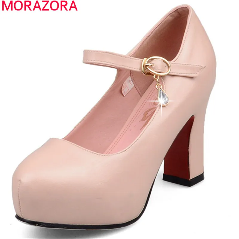 

MORAZORA 2020 round toe platform shoes with buckle crystal square heel extreme high heels shallow pumps women shoes