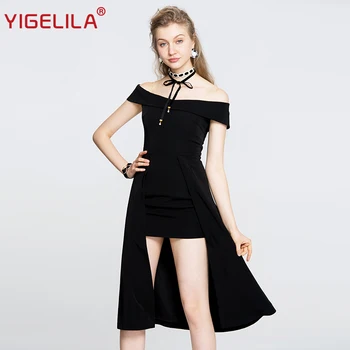 

YIGELILA Fashion Women Black Party Dress Summer Slash Neck Off Shoulder Solid Empire Sheath Mid Length Dress Vestidos 63195