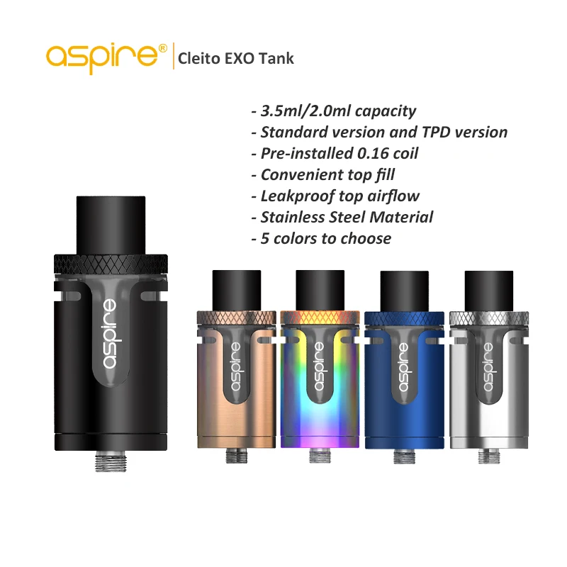 

Electronic Cigaratte Aspire Cleito EXO Atomizer 0.6/0.14ohm TPD type e-sigara Tank Vaporizer 3.5ml/2.0ml Capacity vs smok