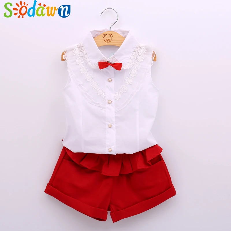 Sodawn 2017 Summer New Girls Clothing Sets Fashion lace White Blouses Red Shorts Suit Kids Clothes