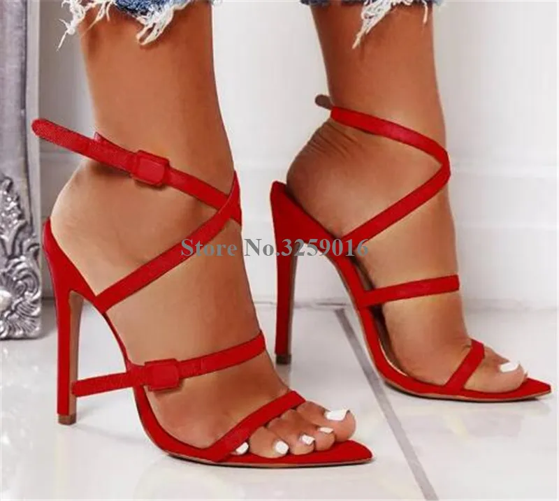 

New Design Women Fashion Suede Leather Thin Strap Stiletto Heel Gladiator Sandals Pointed Open Toe High Heel Sandals Dress Heels