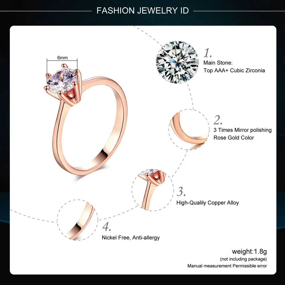 Double Fair 6 Claw 1 Carat Cubic Zirconia Wedding/Engagement rings For Women Silver/Rose Gold Color Women's Ring Jewelry DFR014